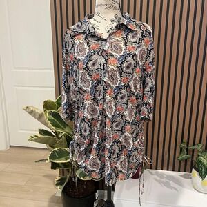 Amang NY Paisley Print Mini Dress Drawstring Shirt Dress‎ XL Women